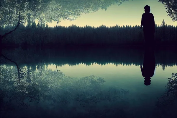 forest with reflection in lake and man silhouette