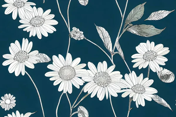 Set of simple floral seamless patterns. Daisy flowers collection in blue color. Sketch flat drawing. Botanical collage in modern trendy style.