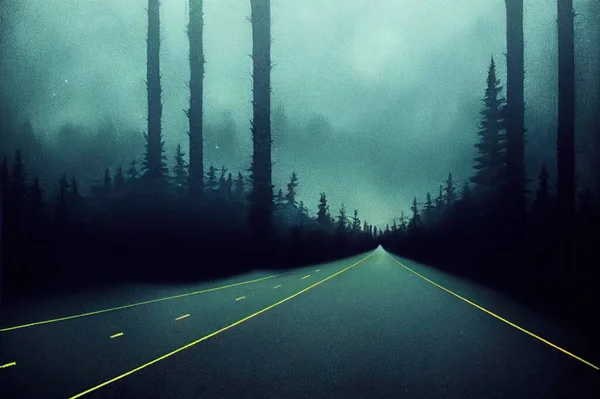 road through a dark forest at night