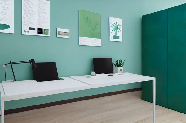 Green home office interior with a computer on the desk, wooden cabinet and poster on the wall