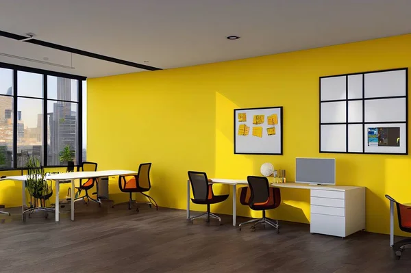 Coworking office room with computers and yellow abstract wall. Workplace and corporate concept. 3D Rendering