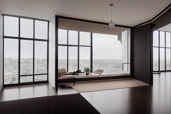 Panoramic view from kitchenette to open living room in modern designed apartment