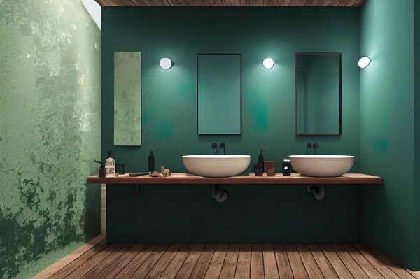 Dark green rustic bathroom, wall mock up, 3D render