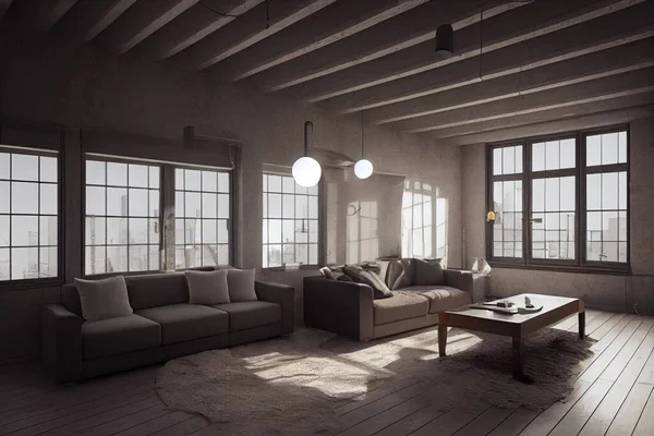 Living room interior in loft, industrial style, 3d render