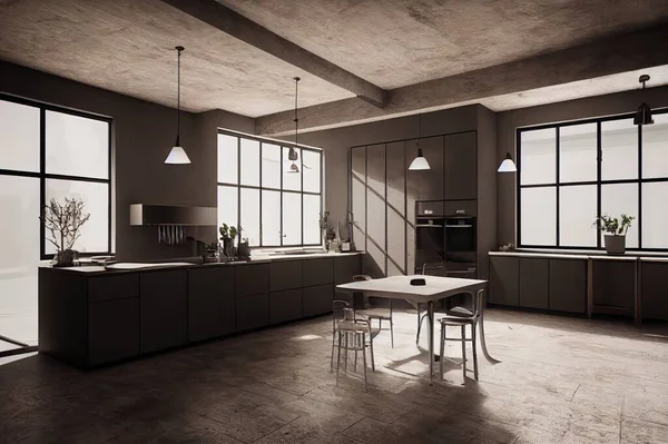 Kitchen in loft, Industrial style ,3d render
