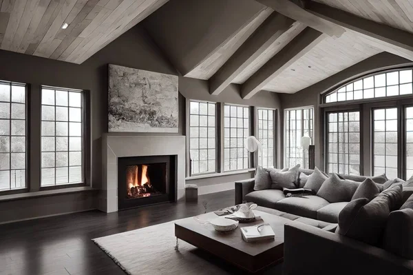 Grey interior of high vaulted ceiling family room in luxury house with fireplace and large windows. Northwest, USA.