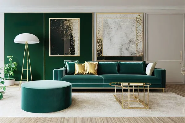 Luxury living room in house with modern interior design, green velvet sofa, coffee table, pouf, gold decoration, plant, lamp, carpet, mock up poster frame and elegant accessories. Template.