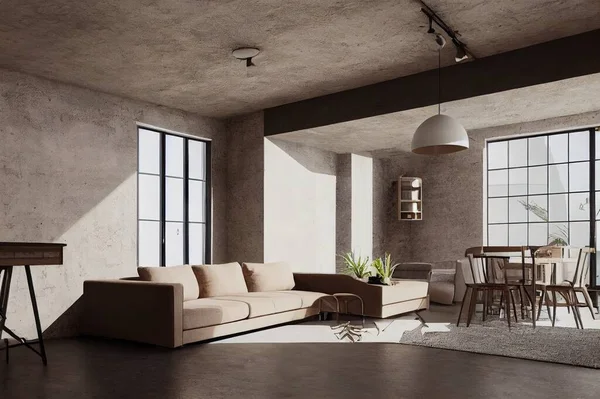 Modern loft living room with high ceiling, sofa, empty brown brick wall, concrete floor, wooden cabinet, design accessories in the steel stack, dining table with chairs. Mock up interior photo