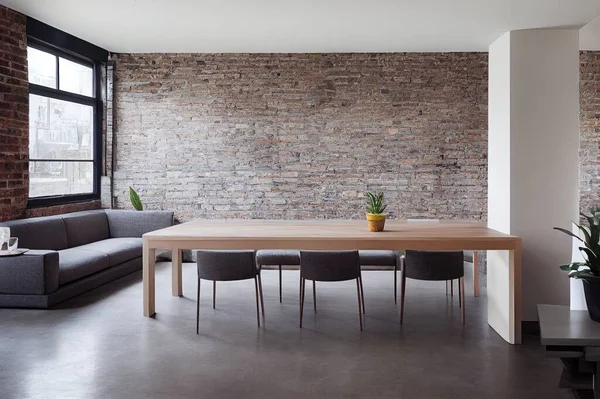 Contemporary interior design of dining space with communal table against brick wall and open living room with simple sofa and plant decorations on textured gray wall