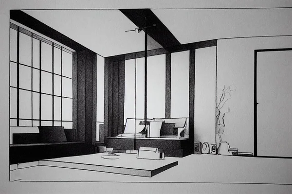 modern drawing pencil sketch of a room. Interior design projects concept.