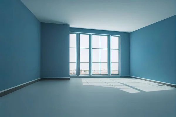 loft interior of living room, white flooring and blue wall ,empty room ,3d rendering