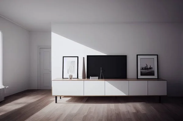 Minimal room with sideboard , white wall. 3D rendering