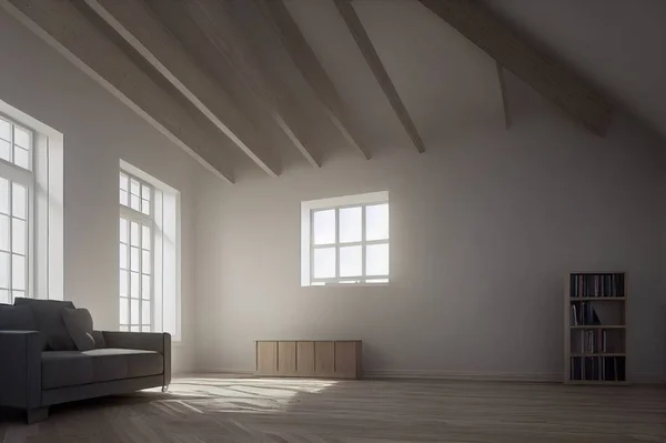 Interior of a large light attic with a blank mockup wall, wooden floor. There is a painting with books on a sideboard, a gray modern sofa, a bed with a blanket in the background. Front view. 3d render