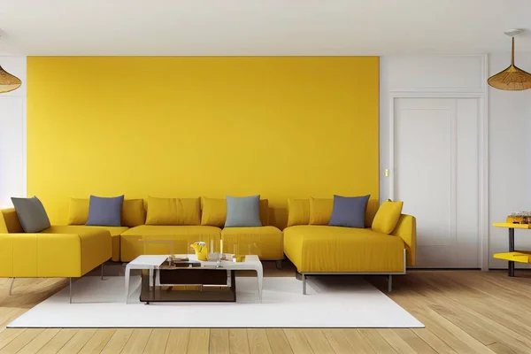 interior design of living area with sofa, table ,wood floor and yellow color wall ,3d rendering,3d illustration