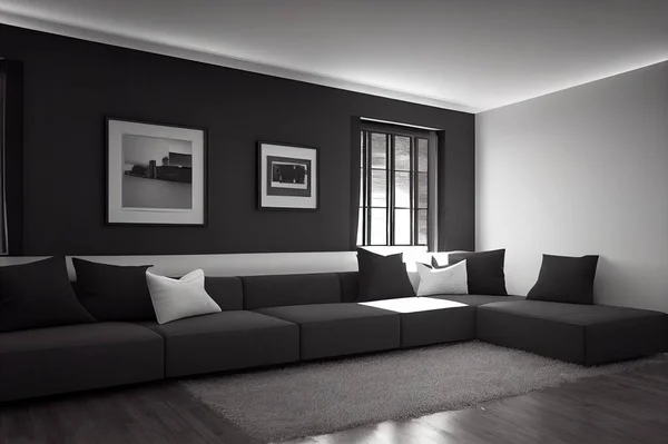 Classic black interior with sofa. 3D render interior mock up.