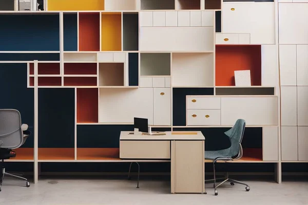 Interior of light office with workplace, pegboard and shelving unit