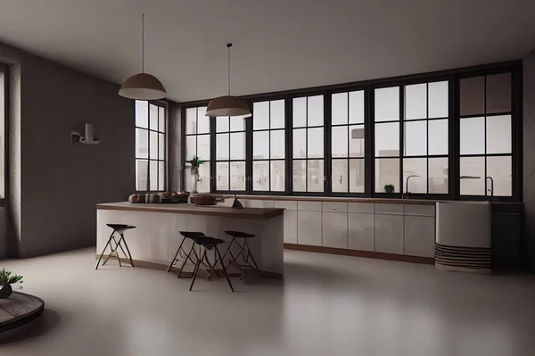 mockup kitchen interior in loft style. 3d render 3d visualization