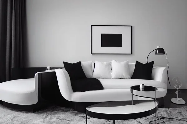 Stylish white designer sofa with open laptop on it, in minimalistic room with contemporary chair and table, apartment decorated with black and white abstract picture and two vases on table