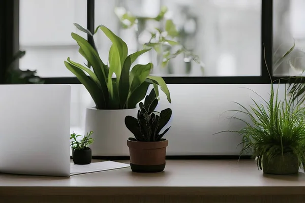 Open space living room interior with mockup computer, fresh plants and decoration placed on a home office desk