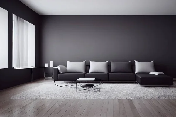 Minimalist modern living room interior background with black sofa. 3D rendering