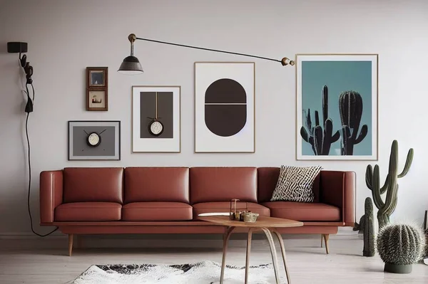 Stylish retro scandinavian living room interior with wooden commode, mock up poster frames, chiar, design stool, cacti, lamp, clock, book, decoration and personal accessories in home decor. Template.
