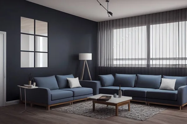 Modern vintage interior of living room, gray sofa with wood armchair and cofee table on concrete floor tiles and dark blue wall,3d rendering