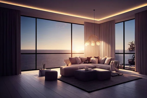 Scandinavian sea view living room in luxury house 3D rendering