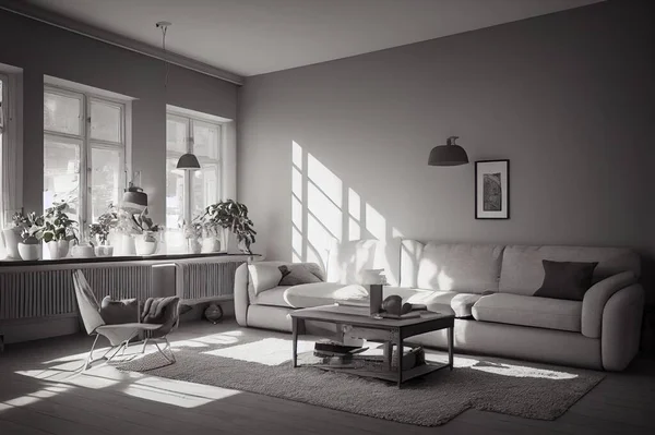 Cozy gray living room in Scandinavian boho design, 3d render ,3d illustration