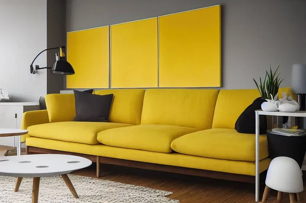 Canary yellow color accent in simple open living room interior with gray couch, modern wooden furniture and abstract painting on the white wall