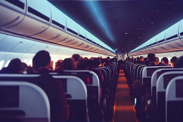 Passengers traveling by a plane, shot from the inside of an airplane