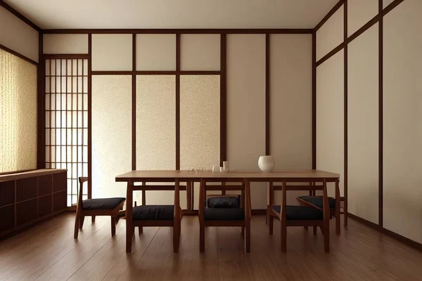 Realistic 3D render japanese zen style family dining table set in warm modern beige dining room with tradition wooden screen panel. Blank wall, Parquet floor, Background, Apartment, Home, Household.