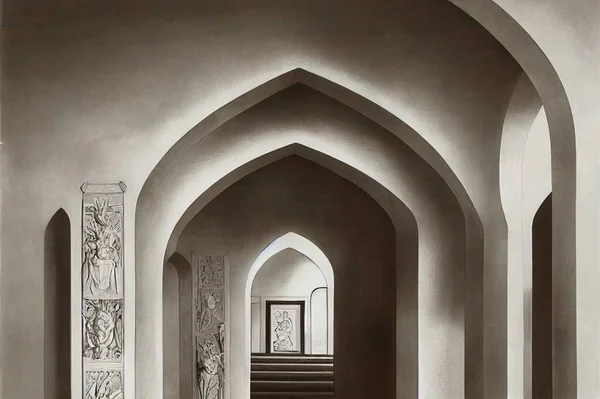 Eastern traditional interior. Arch with beautiful carving. White and gray room