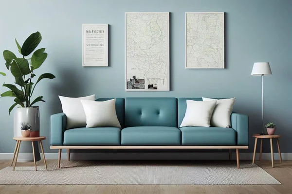 Stylish scandinavian living room interior with design mint sofa, furnitures, mock up poster map, plants, and elegant personal accessories. Home decor. Interior design. Template. Ready to use.