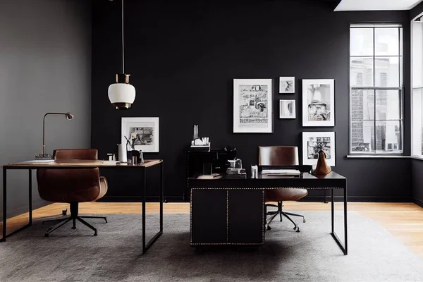 Stylish composition of modern masculine home office workspace interior design with black industrial desk, brown leather armchair, pc and stylish personal accessories. Template.