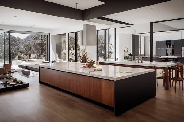 California, 24 February 2021 Luxurious And Bright Kitchen Interior With Elegant Furniture Inside Of Spacious Residential Mansion. Modern Concept For Interior Design And Architecture.