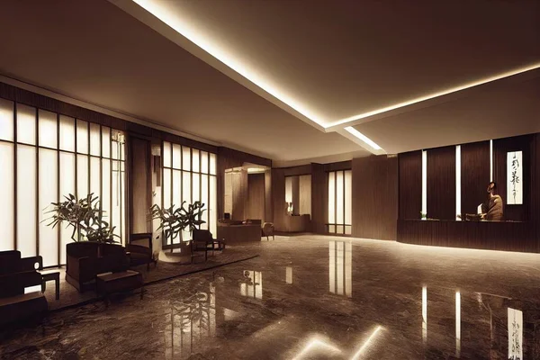 Hotel lobby interior with reception desk, sofas, zen spa and Chinese style.