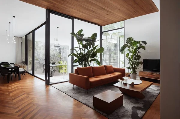 Stylish and modern open space with dining and living room with design map, sofa and family table. Bright and sunny room with plants and brown wooden parquet.
