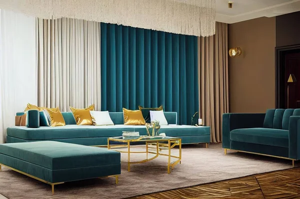 Elegant living room interior with modern design, green velvet sofa, furniture, gold decoration, plant, carpet, copy space, pillow and stylish personal accessories. Template.