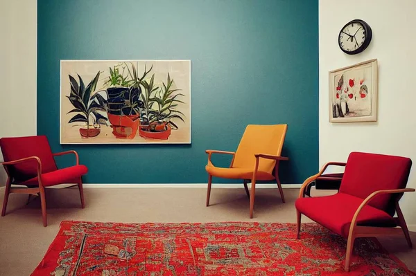 Simple living room with red armchair, abstract painting and clock on the wall, plants in pots, carpet on the floor and bookshelves