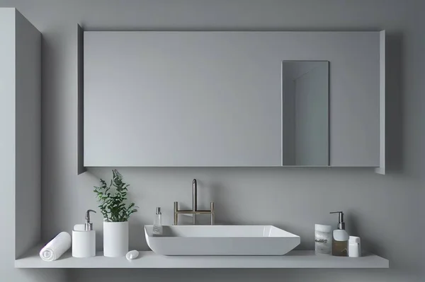 Gray bathroom sink with a mirror hanging above it in a white wall bathroom. A make up shelf and mirror. 3d rendering