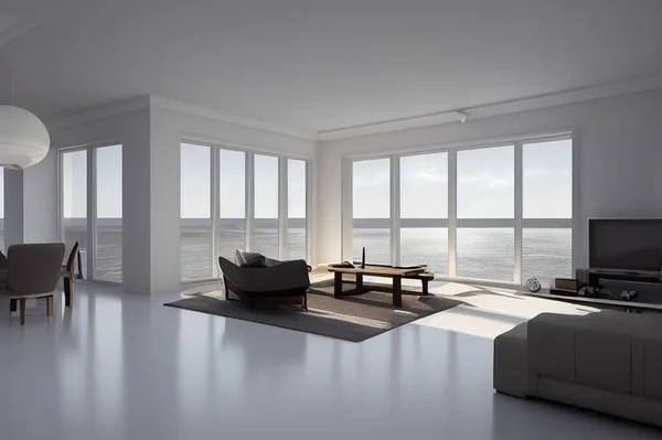Sea view living room with white wall in modern house 3D rendering