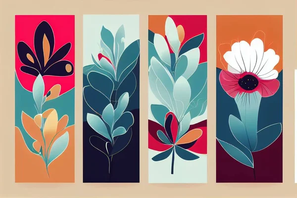 Abstract flower posters set. Trendy botanical wall arts with wild floral plants, leaf in hippie style. Modern naive groovy funky interior decorations, paintings. Colorful flat 2d illustration