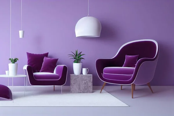 Living room interior with violet velvet armchair, pillow, plant in vase, hanging lamp and coffee table on empty white wall background. 3D rendering.