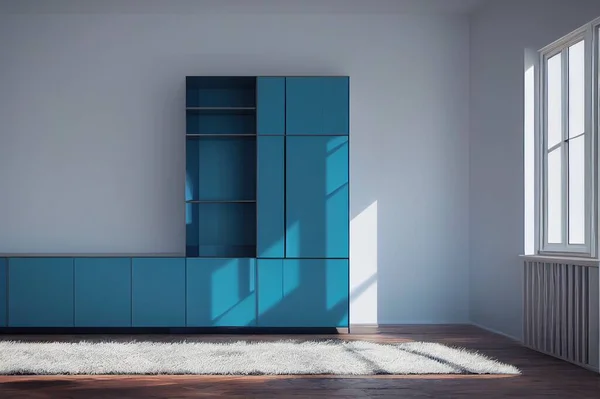 Blue cabinet in an empty living room interior with white wall.3D rendering
