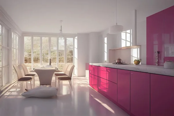 White kitchen interior with large windows, a white marble table counter top with pink chair. sink and kitchenware. 3d rendering. 3d illustration