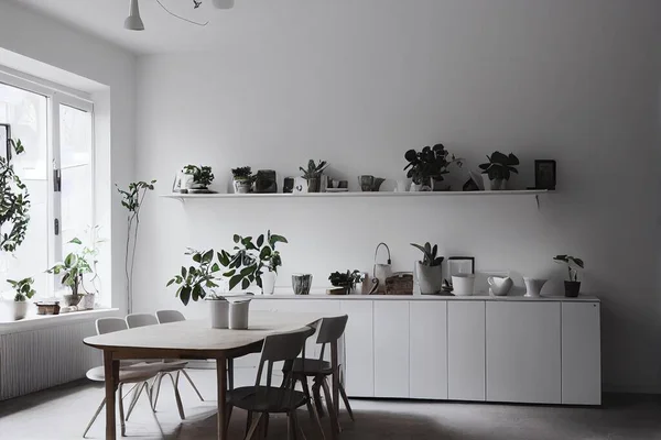 Minimal cozy light home style, scandinavian interior after repair. White furniture with utensils, shelves with crockery and plants in pots, refrigerator in simple dining room, panorama, empty space