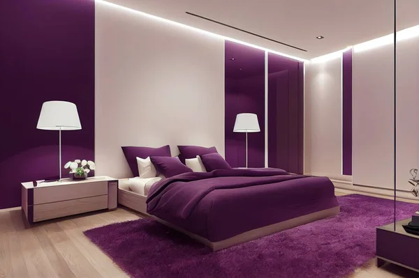 Minimal classic bedroom in purple tones with walk in closet, double bed with duvet and pillows, side tables with lamps, carpet. Parquet and stucco walls, luxury interior design idea, 3d illustration