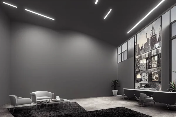 Dark gray office lobby with a concrete floor, loft windows and a glass wall. There is a large vertical poster and a meeting room. 3d rendering mock up