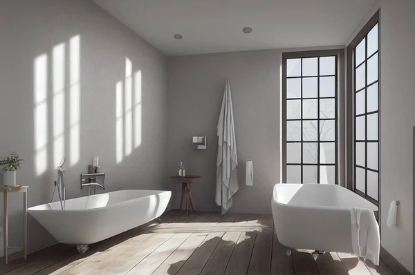 White cozy bathroom interior, farmhouse style, 3d render
