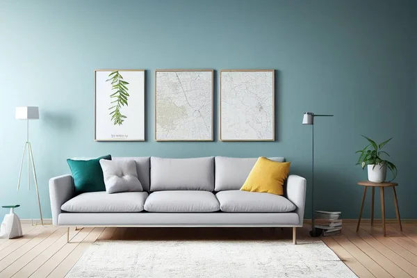 Stylish scandinavian living room with design mint sofa, furnitures, mock up poster map, plants and elegant personal accessories. Modern home decor. Bright and sunny room. Template Ready to use.